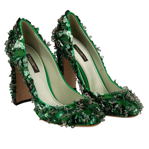 Dolce & Gabbana - Pearl Sequin Embroidered High Heel Pumps VALLY Green Emerald 3 - Picture 4 of 5